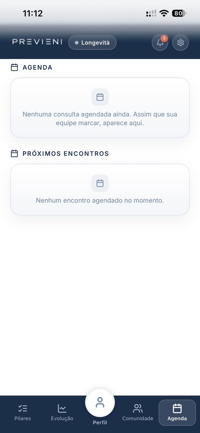 Tela Agenda do app Previeni, com consultas e check-ins previstos